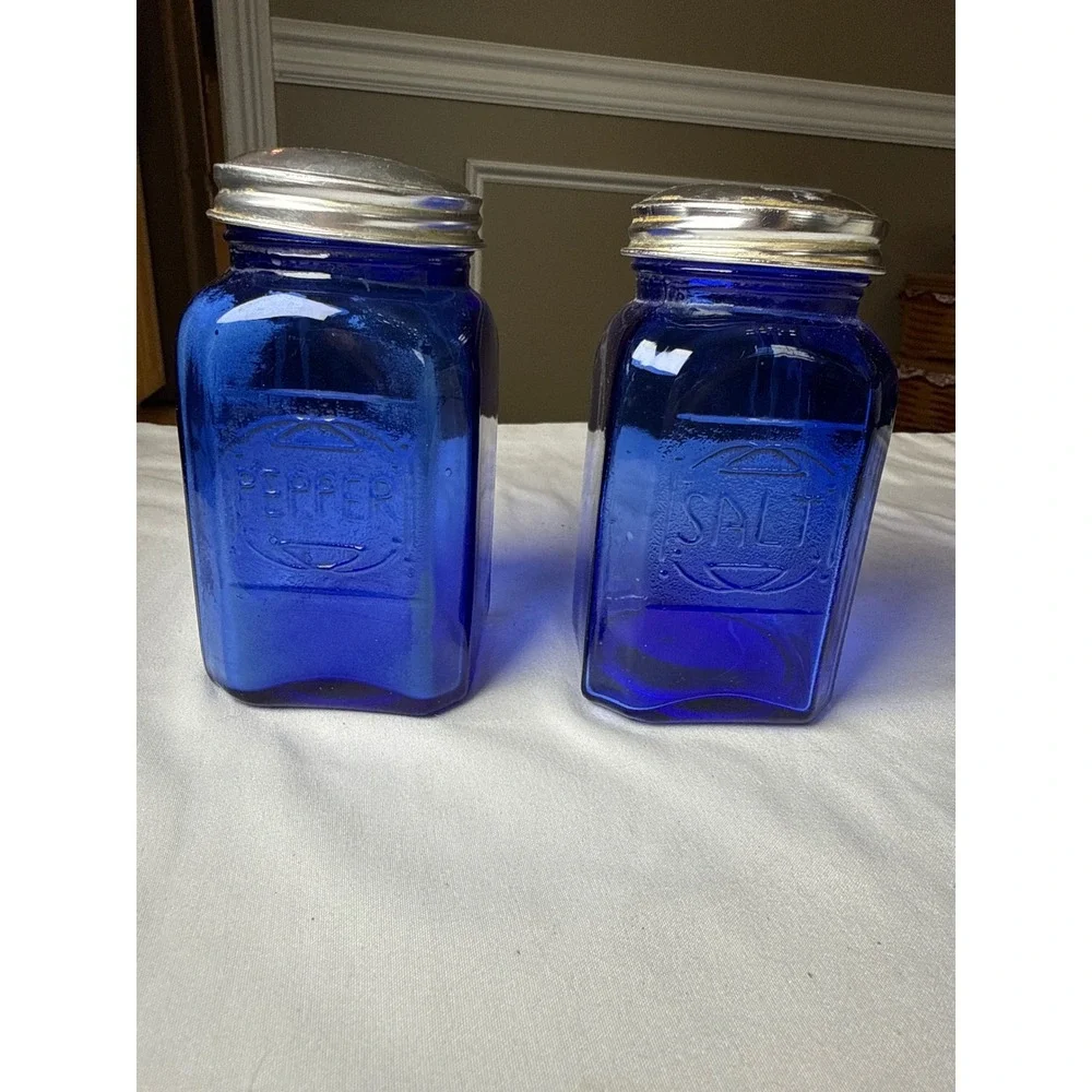 Vintage Cobalt Blue Glass Salt and Pepper Shakers Set Embossed Square Jars